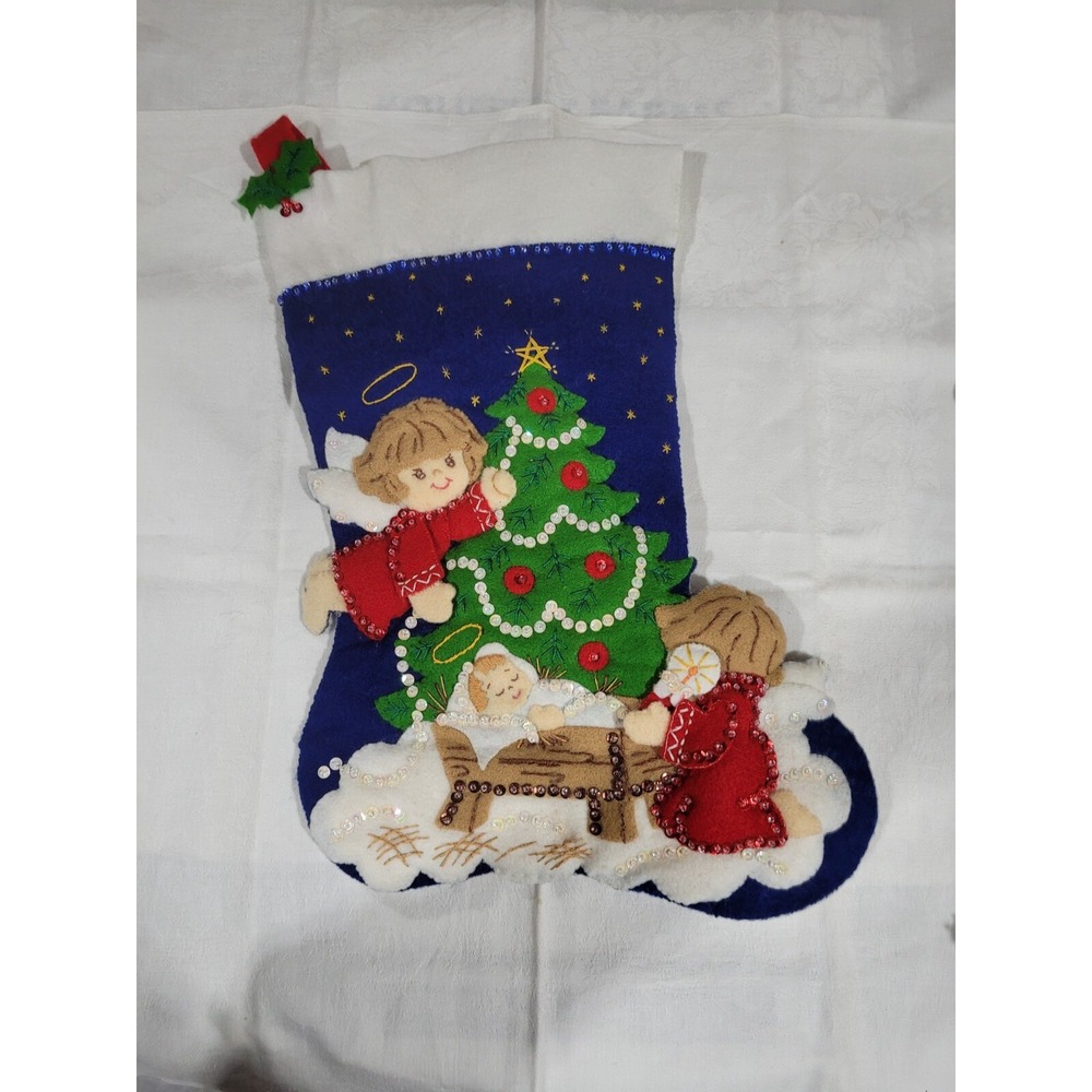 COMPLETED Vintage Felt Christmas Stocking, Handmade Nativity Scene, Angels Chris